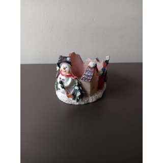 Kerst theelichthouder met sneeuwpop en huisje