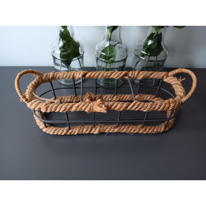 Set van 3 glazen vaasjes met kunstbloemen in metalen mand