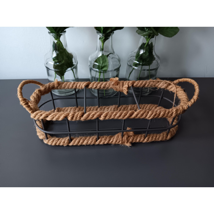 Set van 3 glazen vaasjes met kunstbloemen in metalen mand