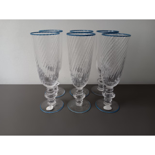 Set van 6 glazen op voet Cristallerie Hartzviller met blauwe rand