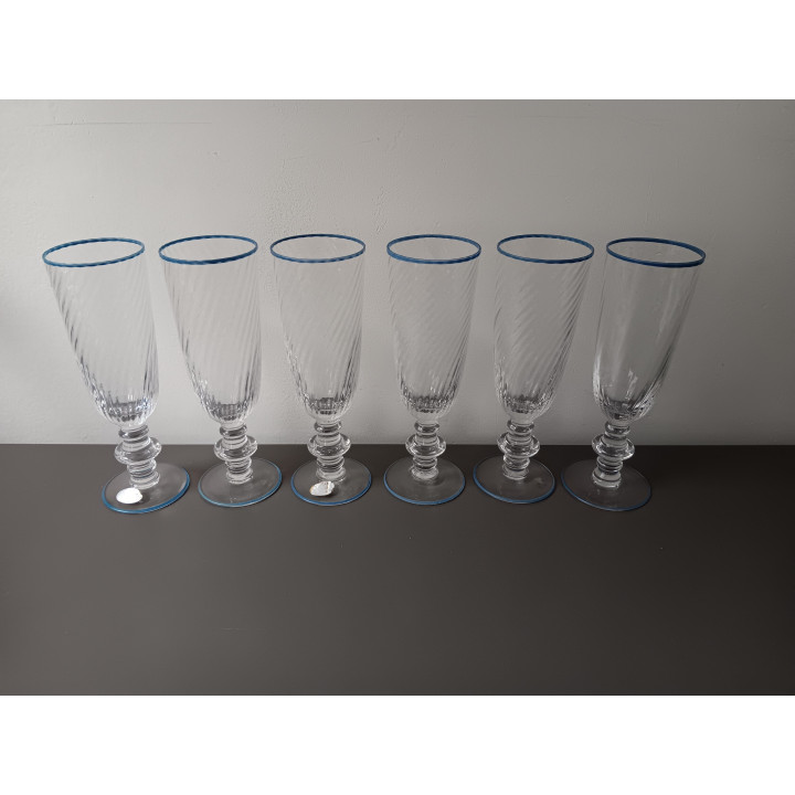 Set van 6 glazen op voet Cristallerie Hartzviller met blauwe rand