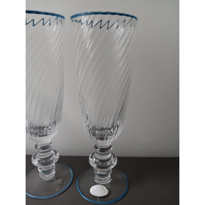 Set van 6 glazen op voet Cristallerie Hartzviller met blauwe rand