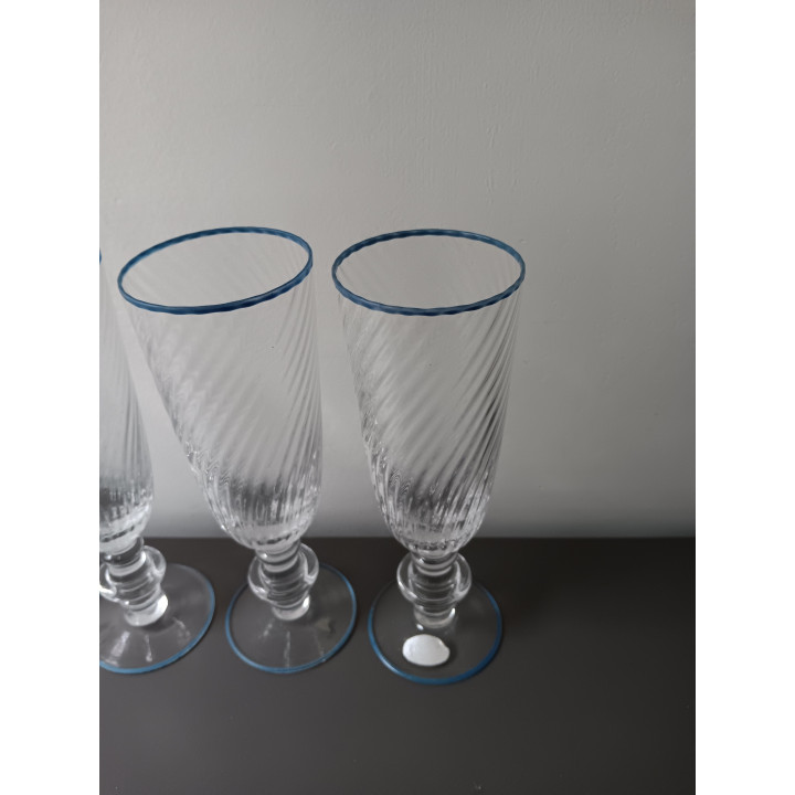 Set van 6 glazen op voet Cristallerie Hartzviller met blauwe rand