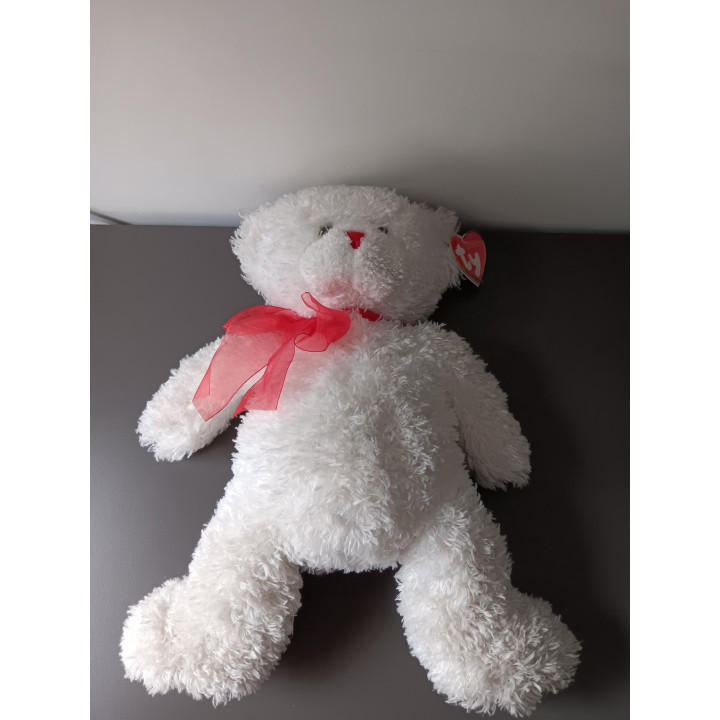 TY Beanie teddybeer wit met rood strikje
