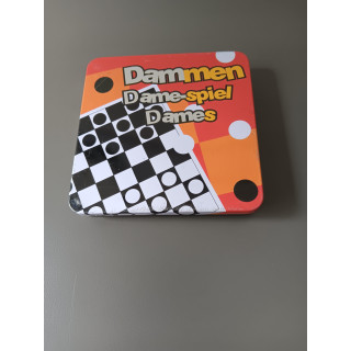 Dammenspel in metalen opbergdoos