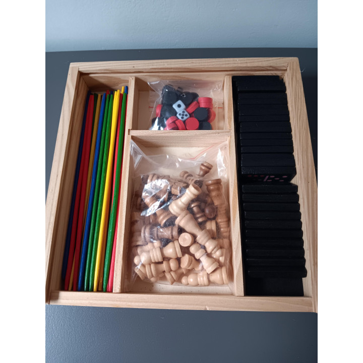 Houten spelset met schaak dammen backgammon domino en mikado