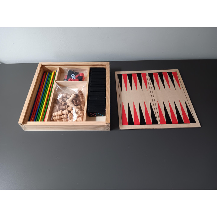 Houten spelset met schaak dammen backgammon domino en mikado