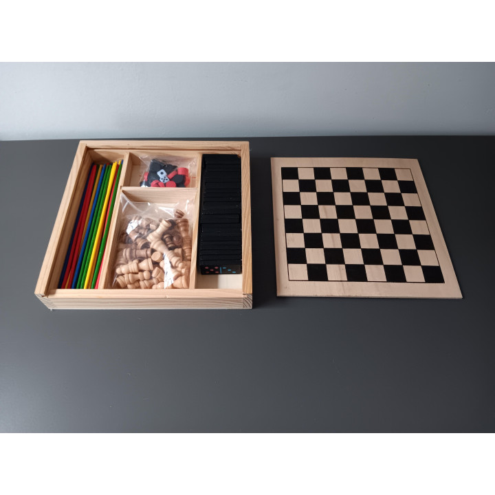 Houten spelset met schaak dammen backgammon domino en mikado