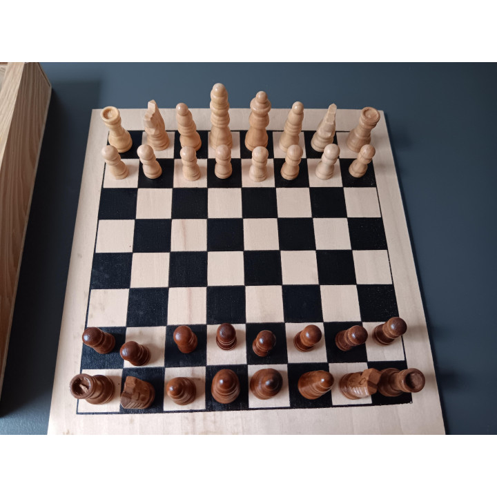 Houten spelset met schaak dammen backgammon domino en mikado