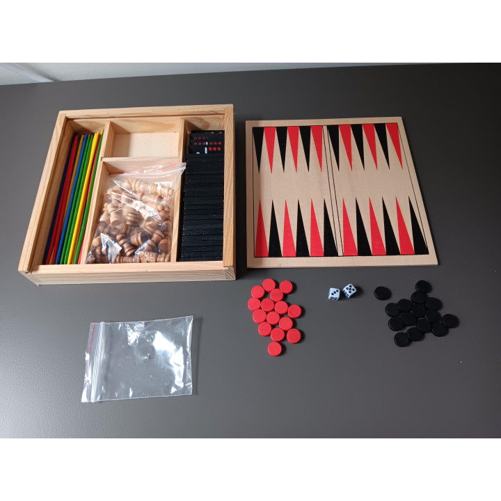 Houten spelset met schaak dammen backgammon domino en mikado