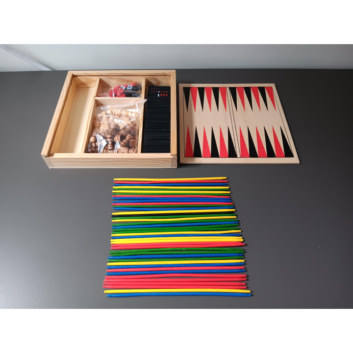 Houten spelset met schaak dammen backgammon domino en mikado