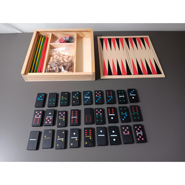 Houten spelset met schaak dammen backgammon domino en mikado