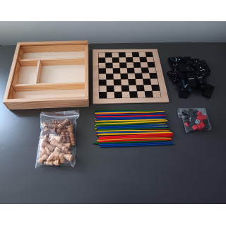 Houten spelset met schaak dammen backgammon domino en mikado