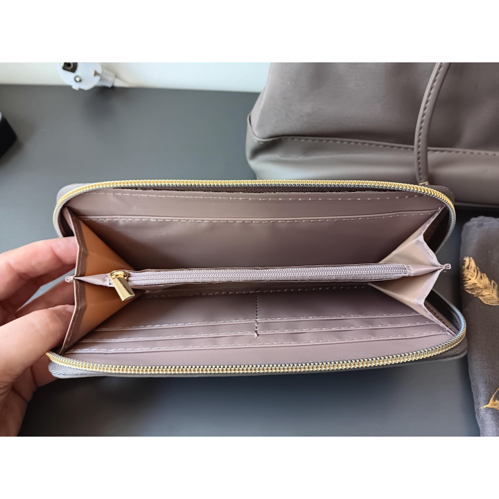 Set Rugtas Portemonnee en Sjaal Taupe met Gouden Veren