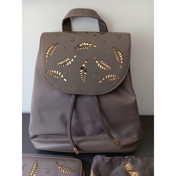 Set Rugtas Portemonnee en Sjaal Taupe met Gouden Veren