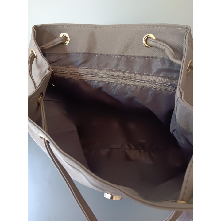 Set Rugtas Portemonnee en Sjaal Taupe met Gouden Veren