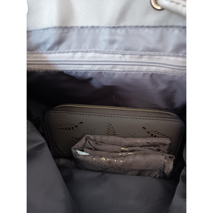 Set Rugtas Portemonnee en Sjaal Taupe met Gouden Veren