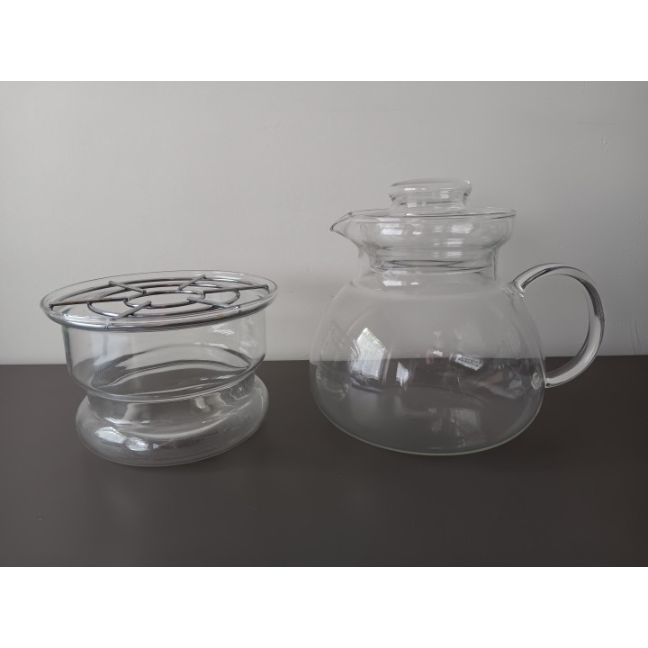 Glazen theepot met warmhouder en metalen rooster
