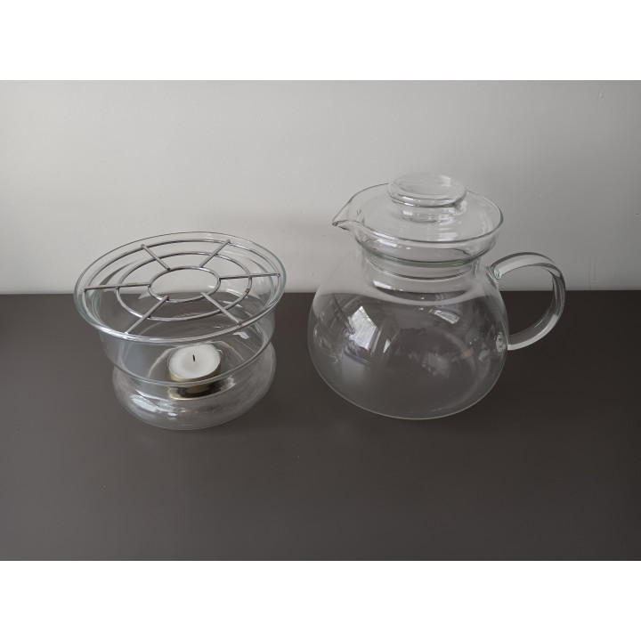 Glazen theepot met warmhouder en metalen rooster