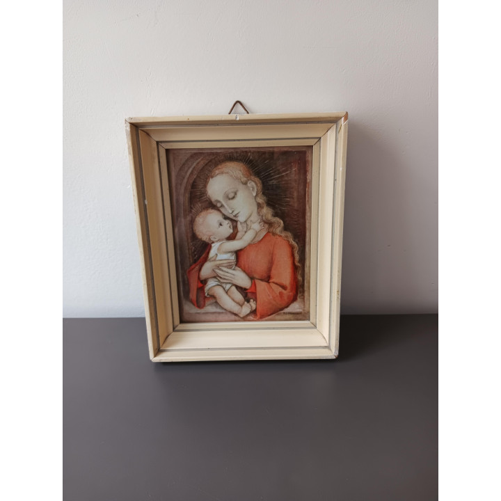 Madonna met kind prent in houten lijst