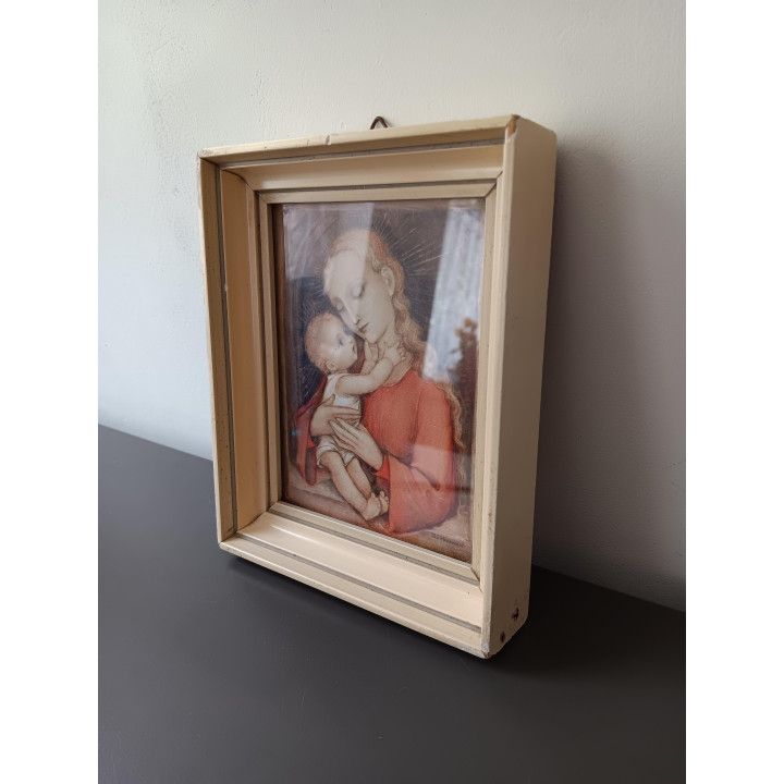 Vintage religieus schilderijtje Madonna met kind