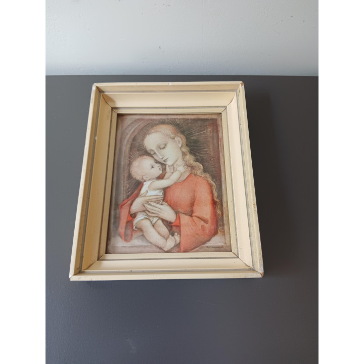 Vintage religieus schilderijtje Madonna met kind