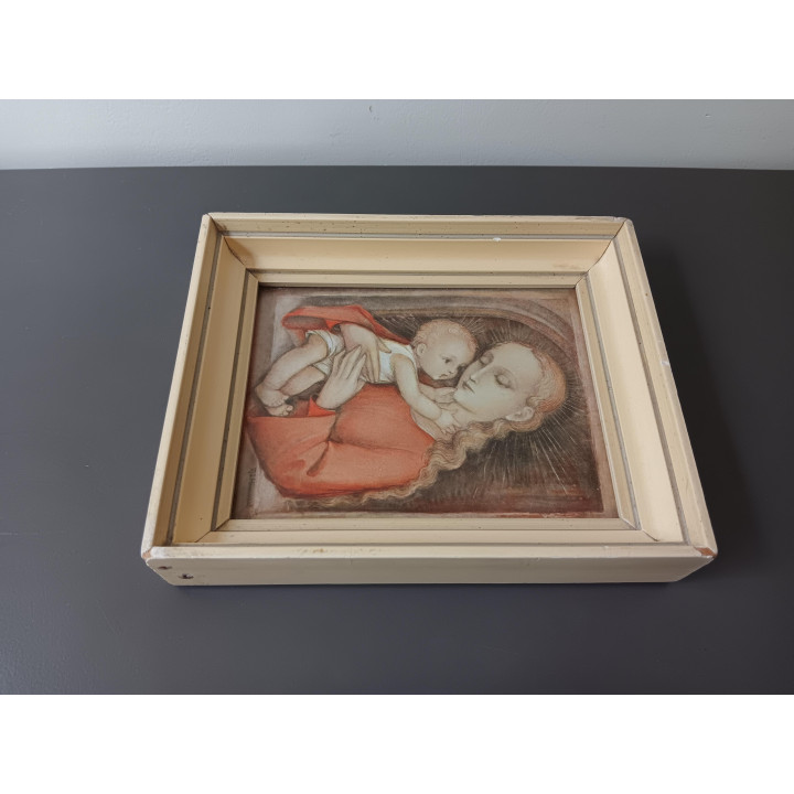 Madonna met kind prent in houten lijst