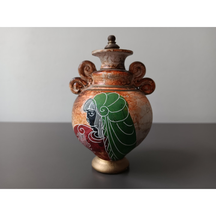 Vintage Griekse parfumfles kleine keramische olie-parfumpot met godinnenscènes