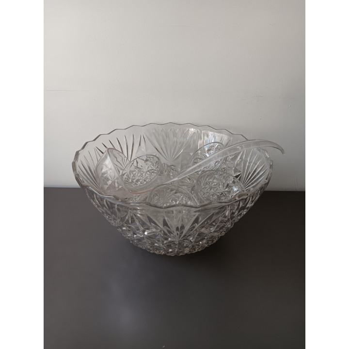 Vintage glazen bowlschaal met 9 kommetjes + pollepel