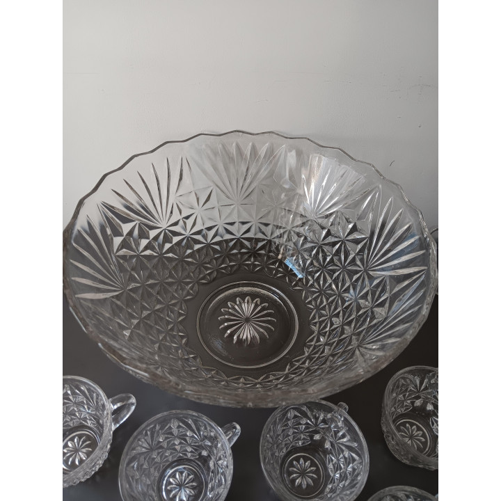 Vintage glazen bowlschaal met 9 kommetjes + pollepel