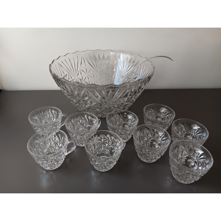 Vintage glazen bowlschaal met 9 kommetjes + pollepel