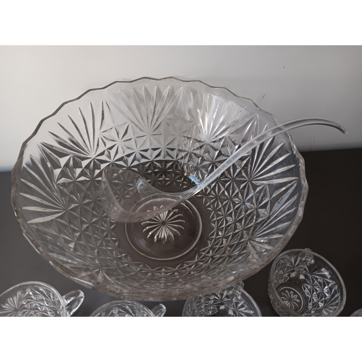 Vintage glazen bowlschaal met 9 kommetjes + pollepel