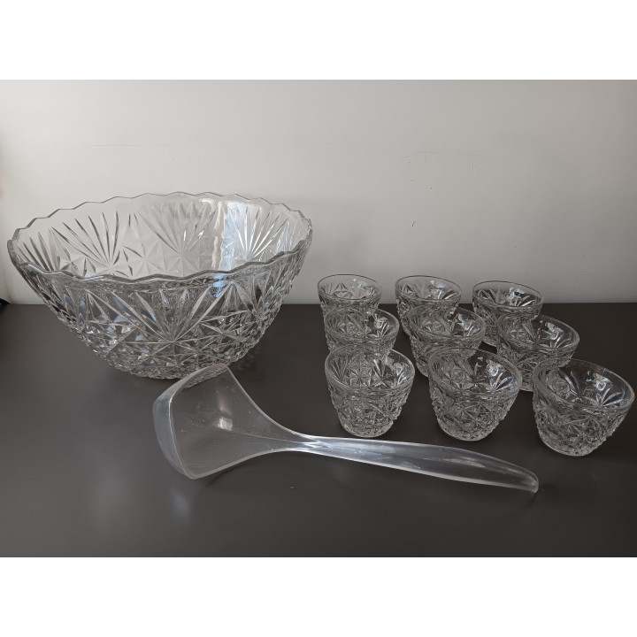 Vintage glazen bowlschaal met 9 kommetjes + pollepel