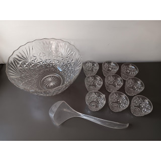 Vintage glazen bowlschaal set met 9 kommetjes en pollepel