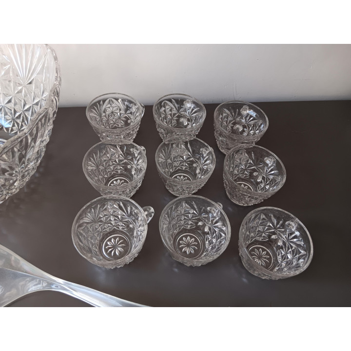 Vintage glazen bowlschaal met 9 kommetjes + pollepel