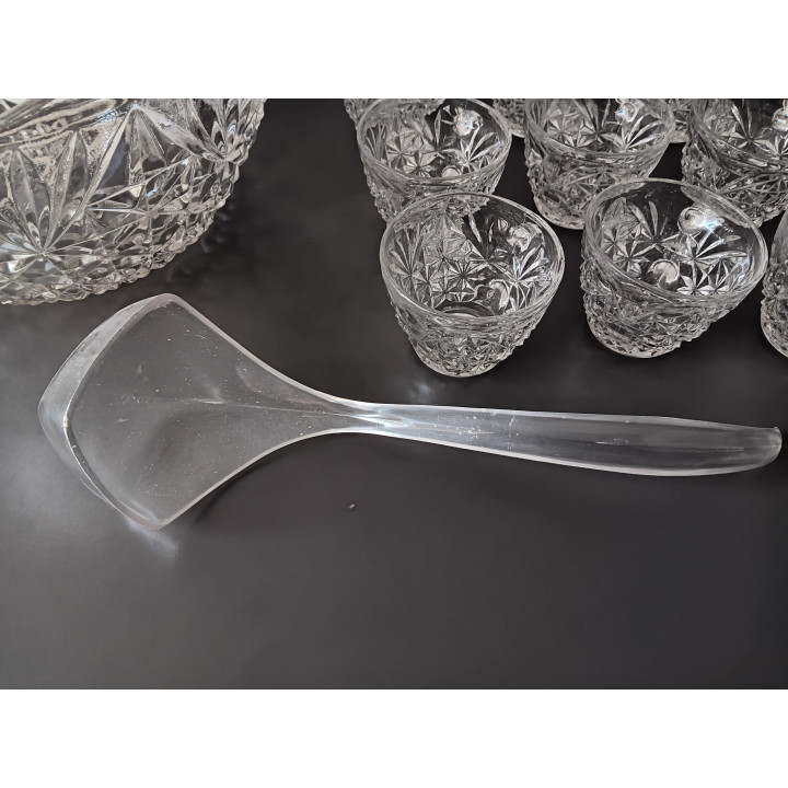 Vintage glazen bowlschaal met 9 kommetjes + pollepel