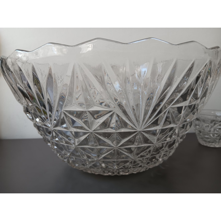 Vintage glazen bowlschaal set met 9 kommetjes