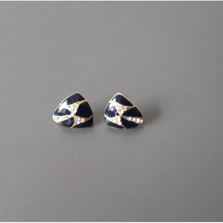 Donkerblauwe vintage clip oorbellen met strass
