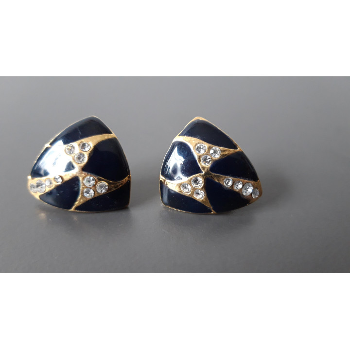 Donkerblauwe vintage clip oorbellen met strass
