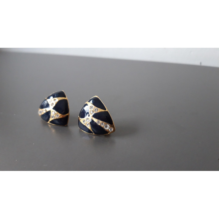 Donkerblauwe vintage clip oorbellen met strass