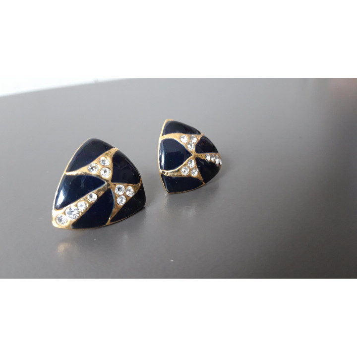 Donkerblauwe vintage clip oorbellen met strass