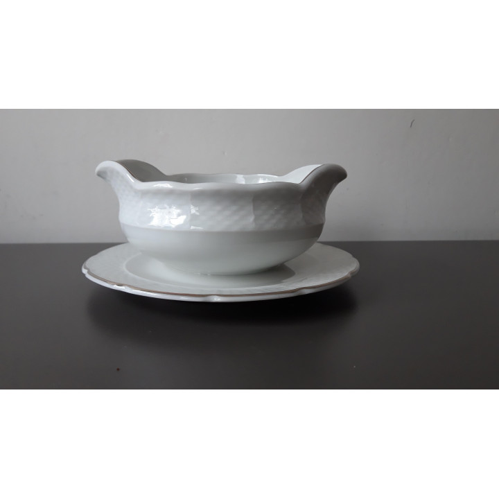 Porseleinen sauskom met vaste onderschotel Thun Czechoslovakia