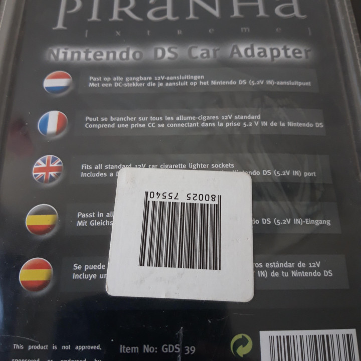 Piranha Nintendo DS auto oplader adapter nieuw in verpakking