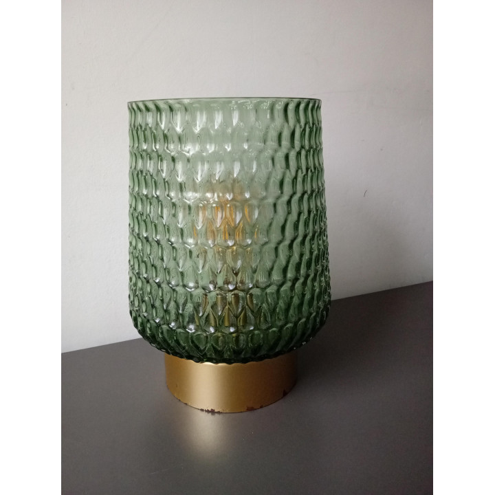 Groene glazen tafellamp met structuurglas en gouden voet sfeerverlichting