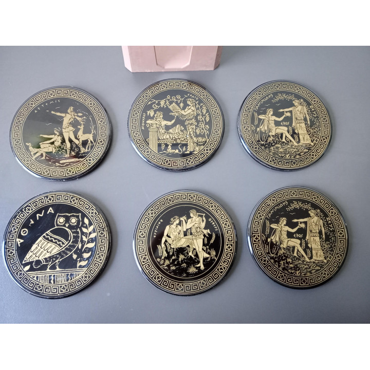 Set van 6 onderzetters met houder Grieks design zwart goud