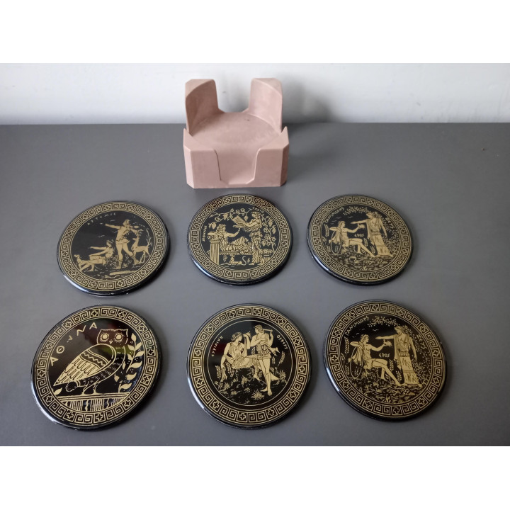 Set van 6 onderzetters met houder Grieks design zwart goud