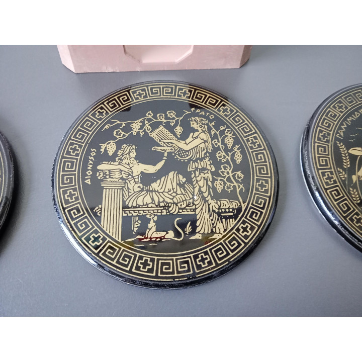 Set van 6 onderzetters met houder Grieks design zwart goud