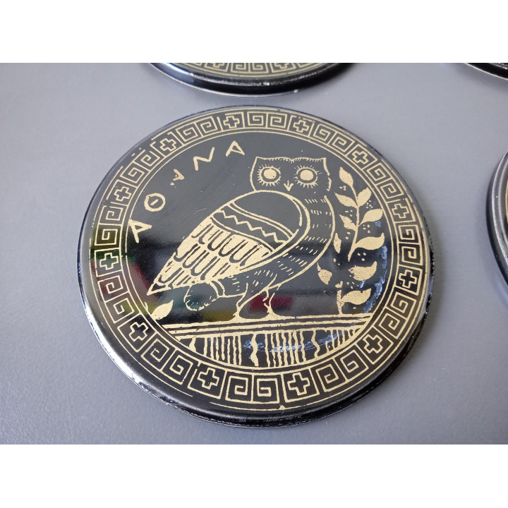 Set van 6 onderzetters met houder Grieks design zwart goud