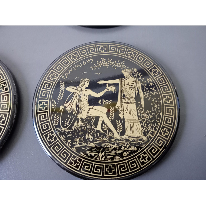 Set van 6 onderzetters met houder Grieks design zwart goud