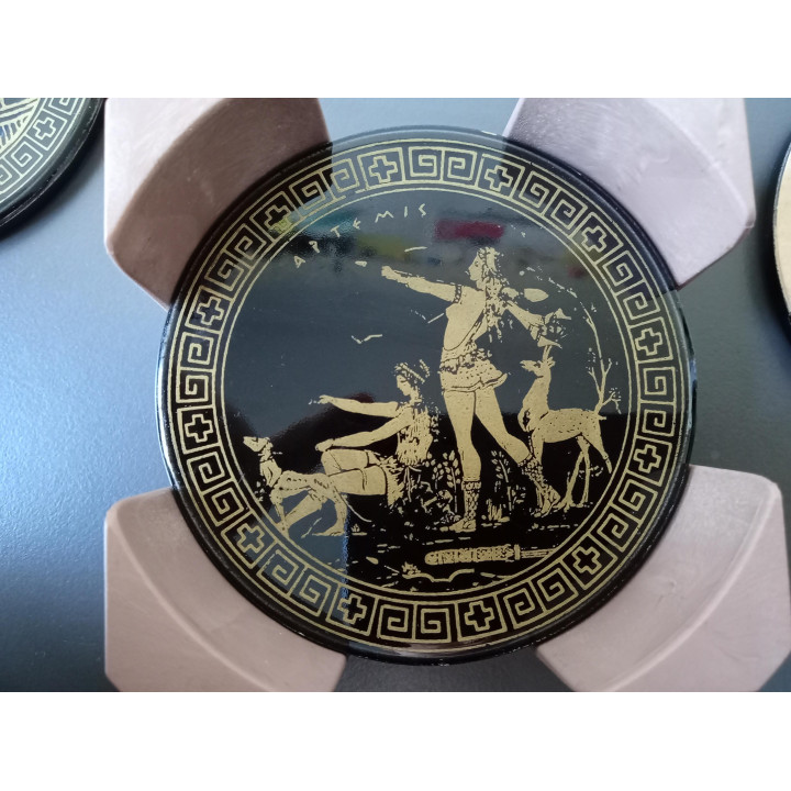 Set van 6 onderzetters met houder Grieks design zwart goud
